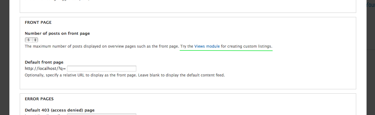 Mockup showing a link to Views added to the description for the 'Number of posts on front page' setting